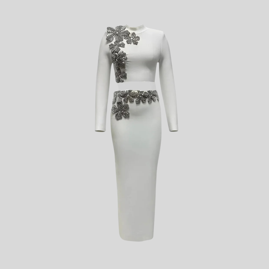 Elegant Diamond Flower 2-Piece Set with Long Sleeve Top and Maxi Skirt - White