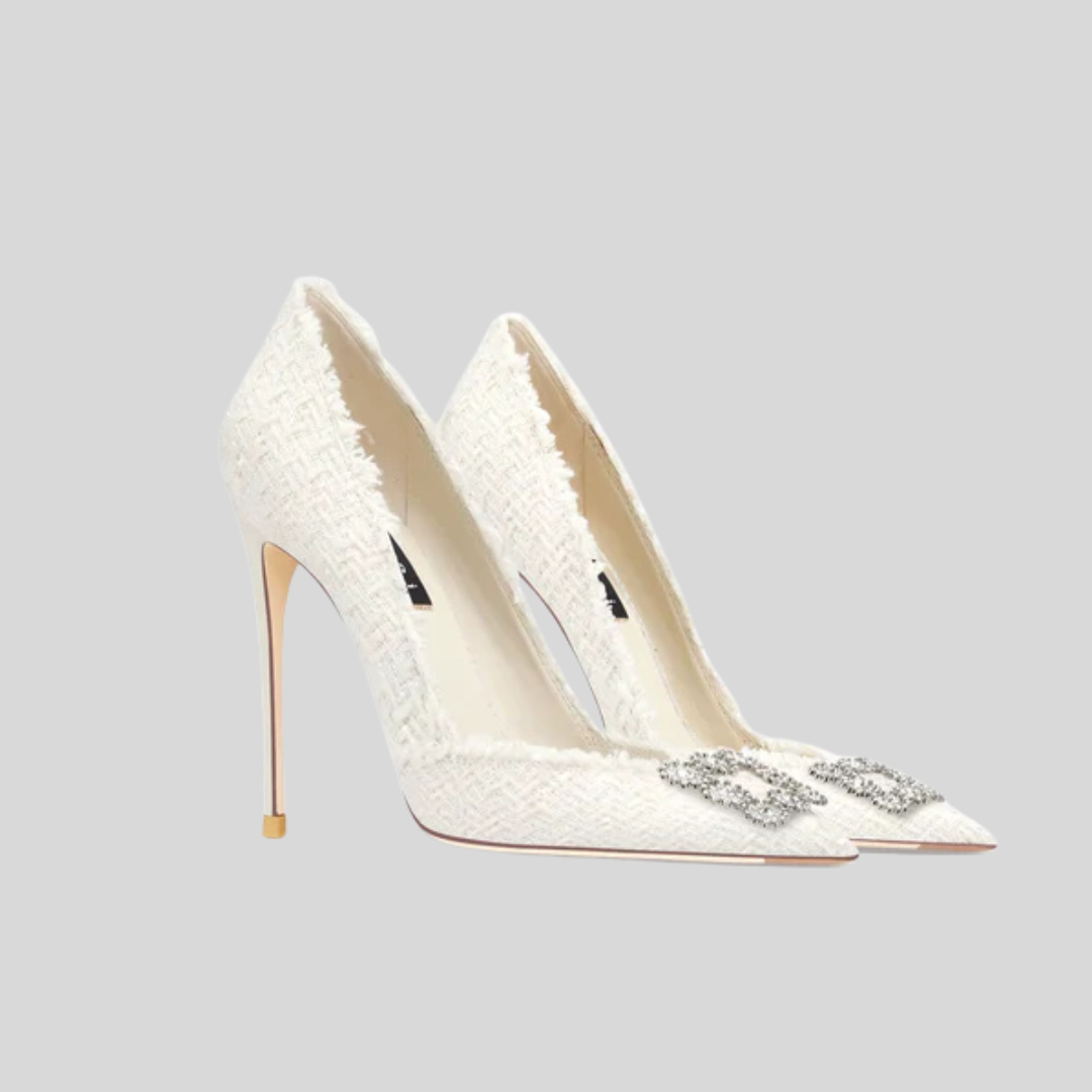 Weave Rhinestones High Heels - White