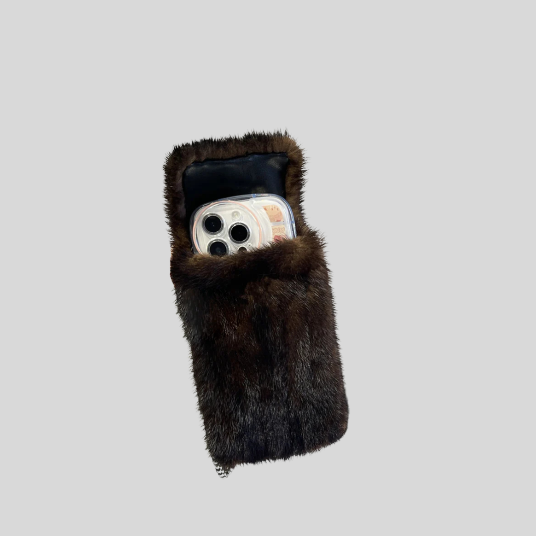 Elegant Mink Fur Smartphone Pouch - Brown