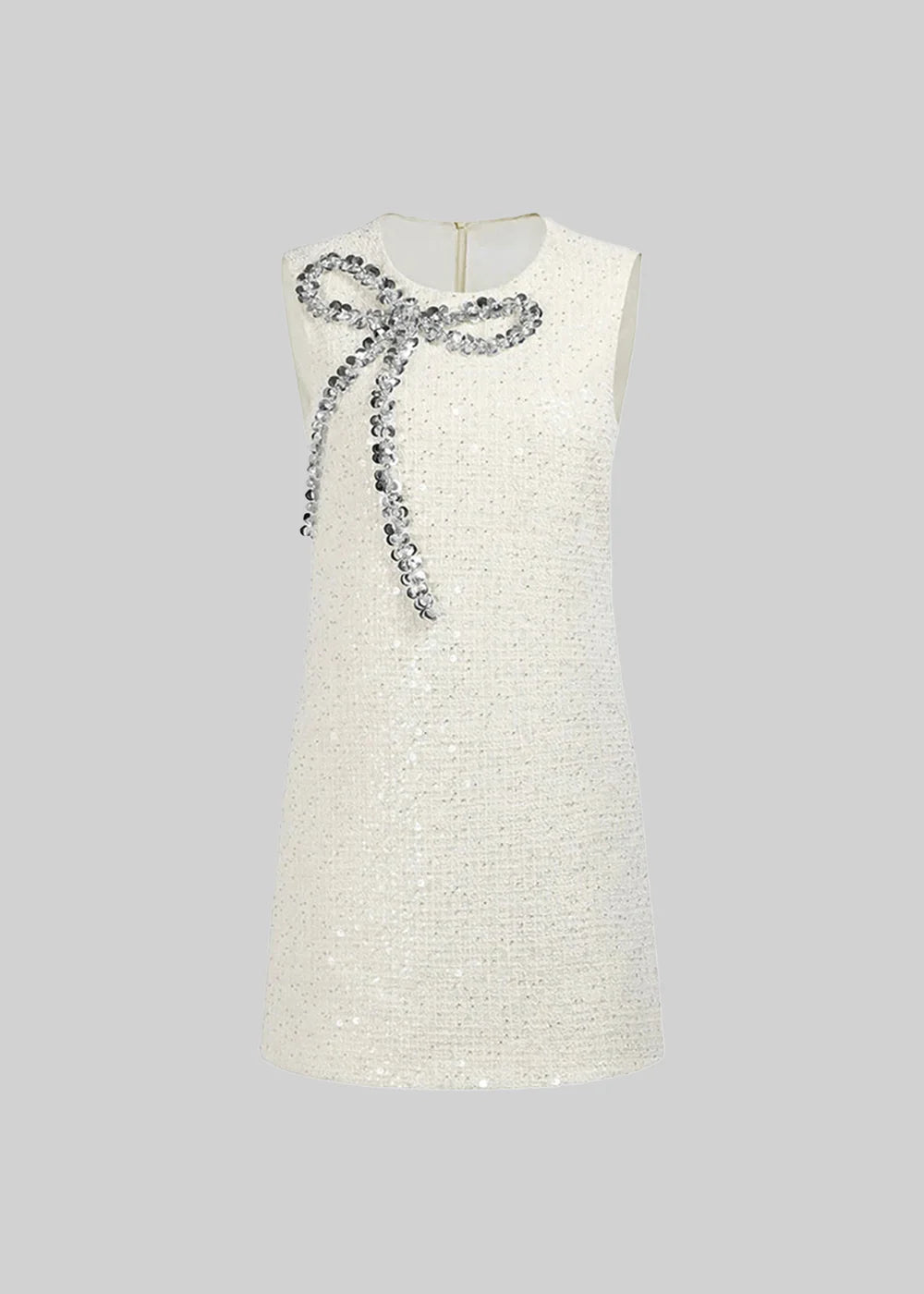 Knit Mini Dress With Decorative Sequin Bow - Ivory