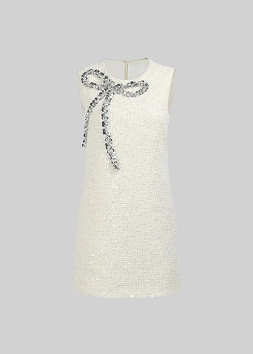 Knit Mini Dress With Decorative Sequin Bow - Ivory