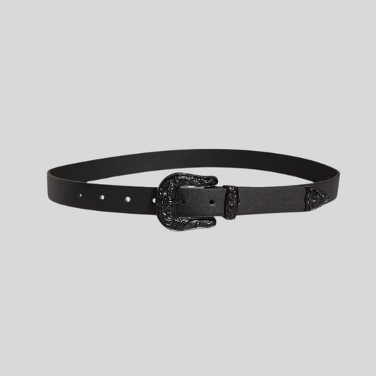 Retro Western Style Vegan Leather Belt - Black