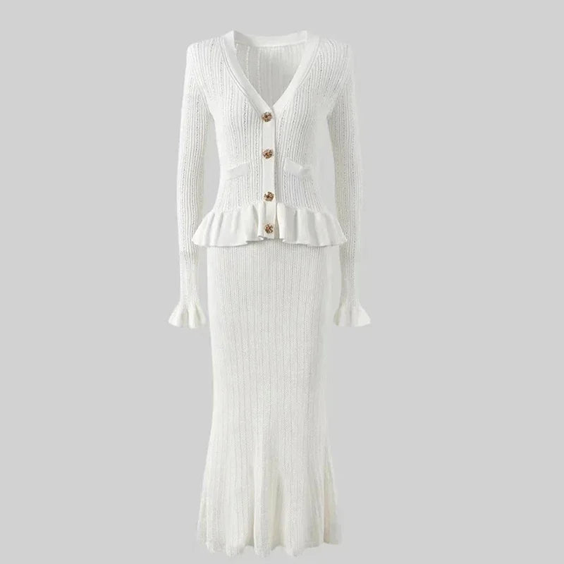 Flared Skirt and Ruffled Knit Jacket Set - White