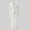 Flared Skirt and Ruffled Knit Jacket Set - White