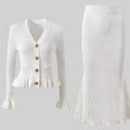 Flared Skirt and Ruffled Knit Jacket Set - White