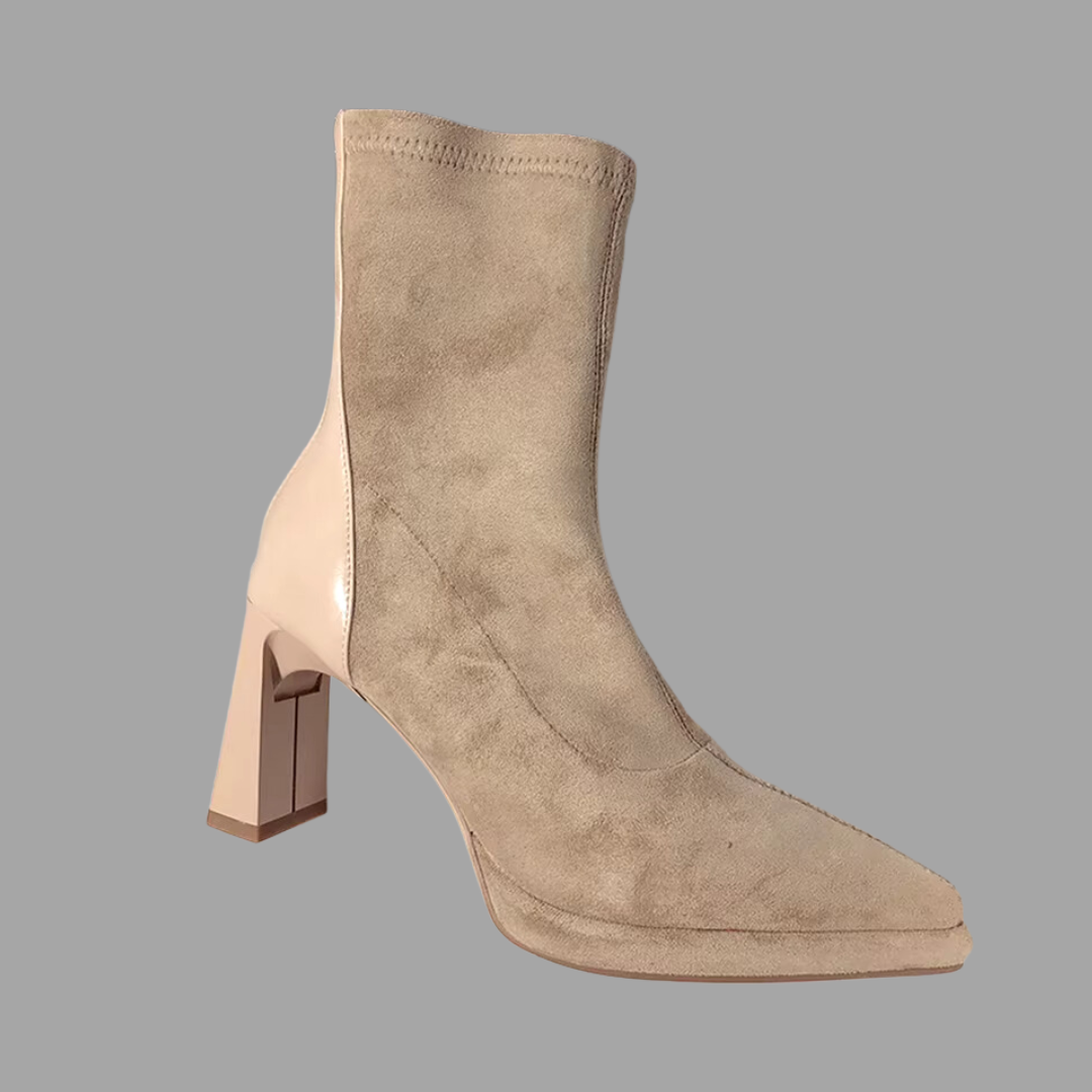 Shiny Heels Suede Ankle Boots - Beige