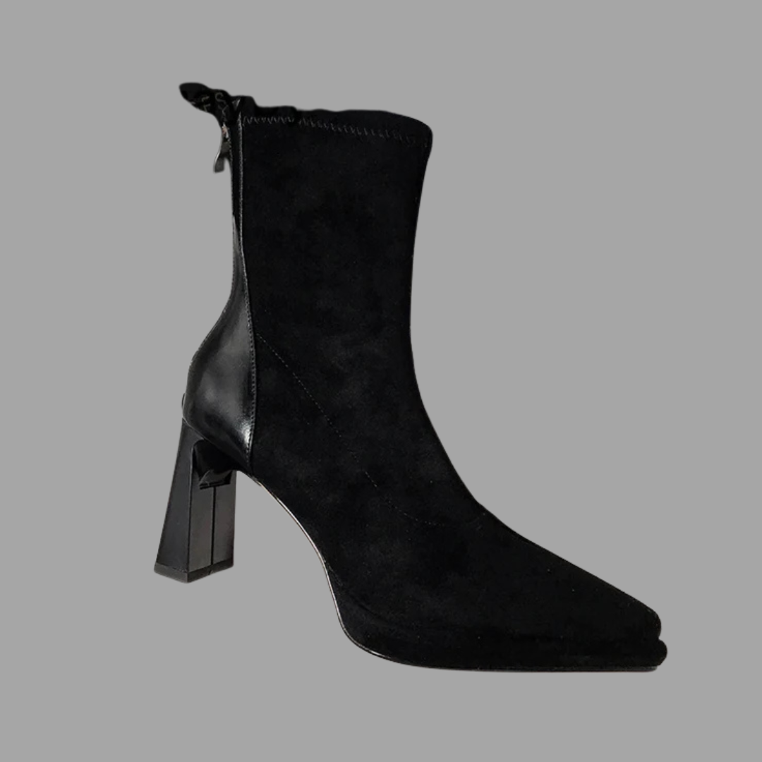 Shiny Heels Suede Ankle Boots - Black