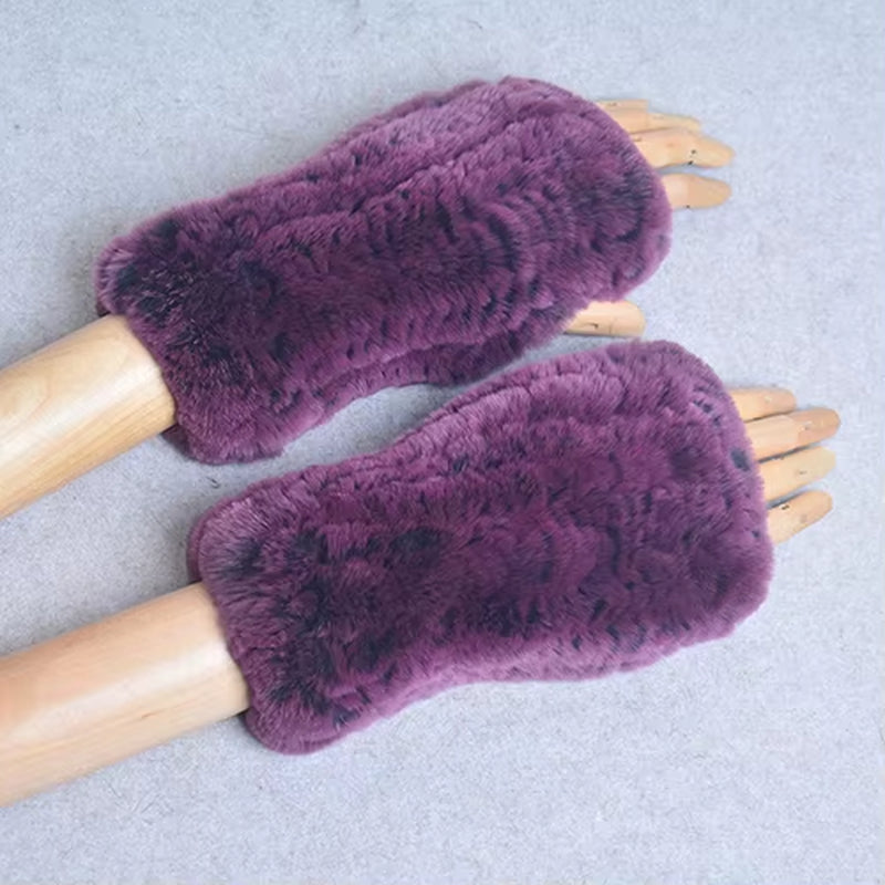 New Women 100% Real Genuine Knitted Rex Rabbit Fur Mittens Winter Warm Lady Real Fur Fingerless Gloves Handmade Knit Fur Mitten