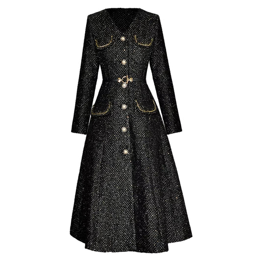 Long Sleeve Tweed Dress - Black