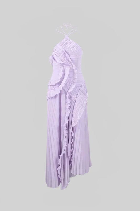 Pleated Halter Midi Dress With Cascading Ruffle Details - Pink - Lavender
