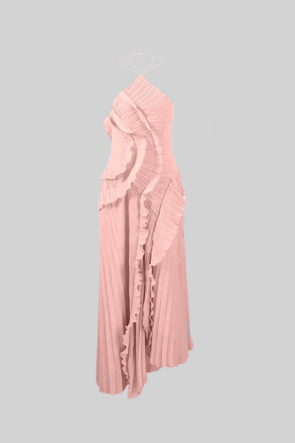 Pleated Halter Midi Dress With Cascading Ruffle Details - Pink - Lavender