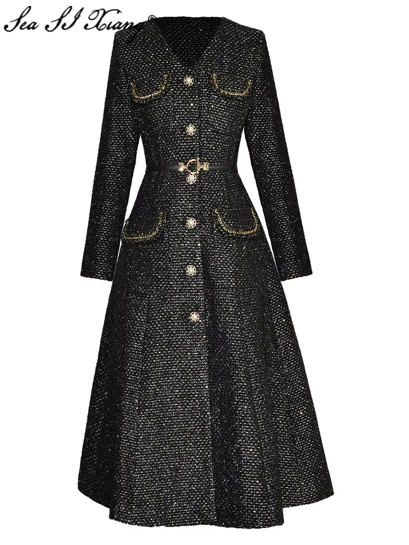 Long Sleeve Tweed Dress - Black