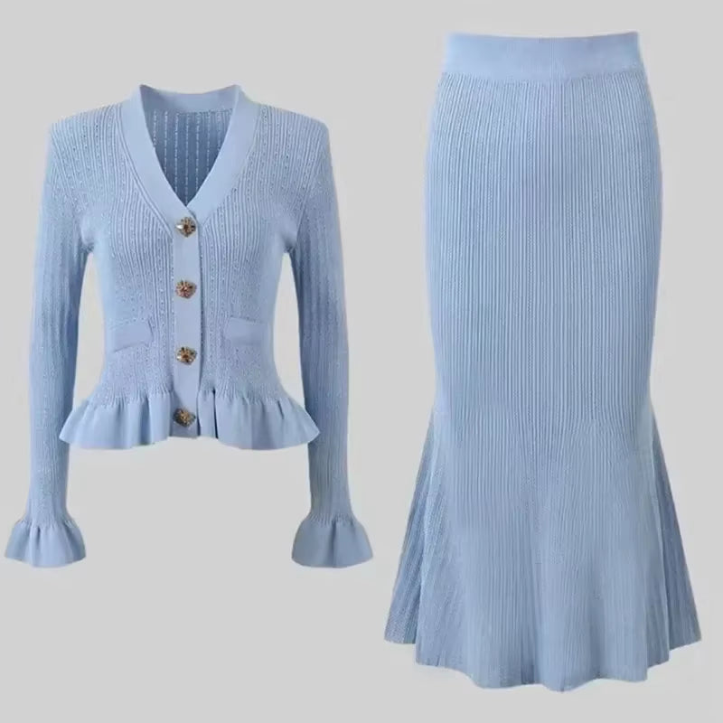 Flared Skirt and Ruffled Knit Jacket Set - Blue