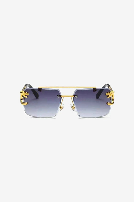 Rimless Square Sunglasses with Gold Panther Detail and Double-Bar Temples – Purple - Black - Brown
