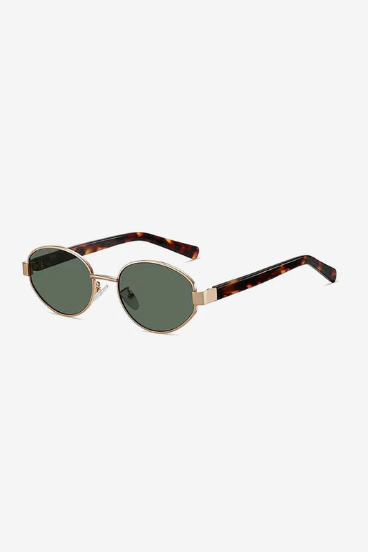 Vintage-Inspired Oval Sunglasses with Slim Gold Frame and Bold Acetate Temples – Green - Black - Light Brown